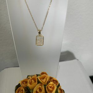 NEW Gold Tone Pave Set Rectangular Cubic Zirconia CZ Pendant + Chain